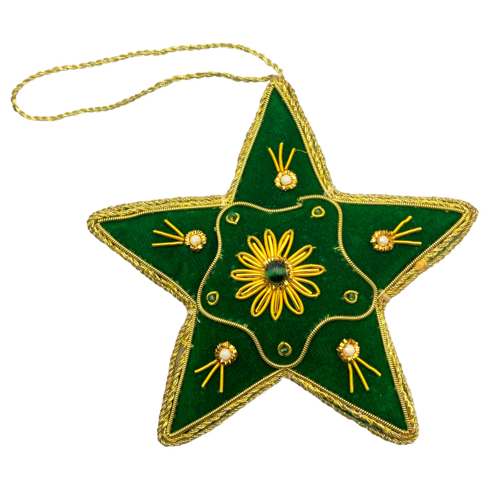 Zari Green Star Christmas Ornament, Zardozi Embroidery, Gift Bag